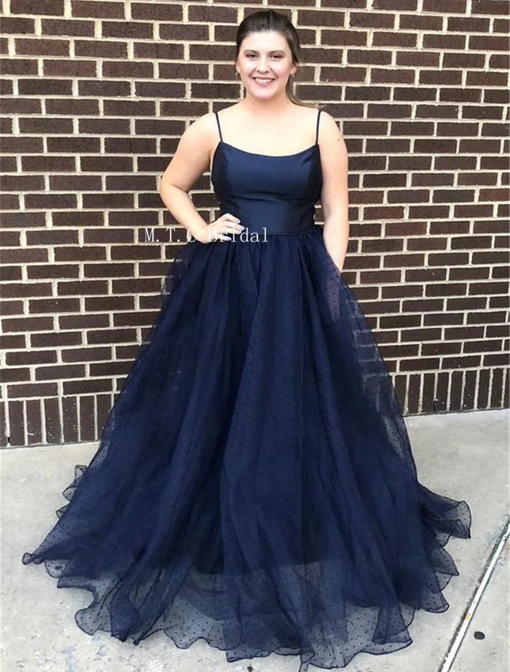 Navy Blue Tulle Long Prom Dresses Strapless Spaghetti Strap A Line