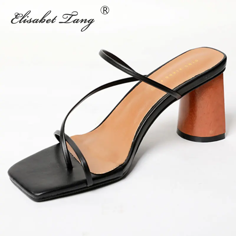 ElisabetTang Vintage Square Toe Sandals Women Narrow Band High Heel Women Sandals Simple Classic Elegant Slip on Beach Sandals