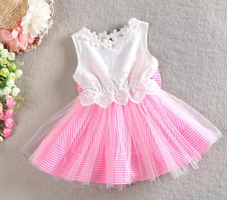 2015 새로운 한국 스타일의 여자 패션 드레스 아이 사랑스러운 민소매 스트라이프 레이스 드레스 아기 귀여운 캐주얼 큰 활