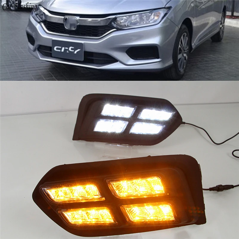 

Car Flashing 1 Set LED DRL Daytime Running Light Daylight 12V ABS Fog Lamp Cover Yellow Turn Signal For Honda City 2017 2018