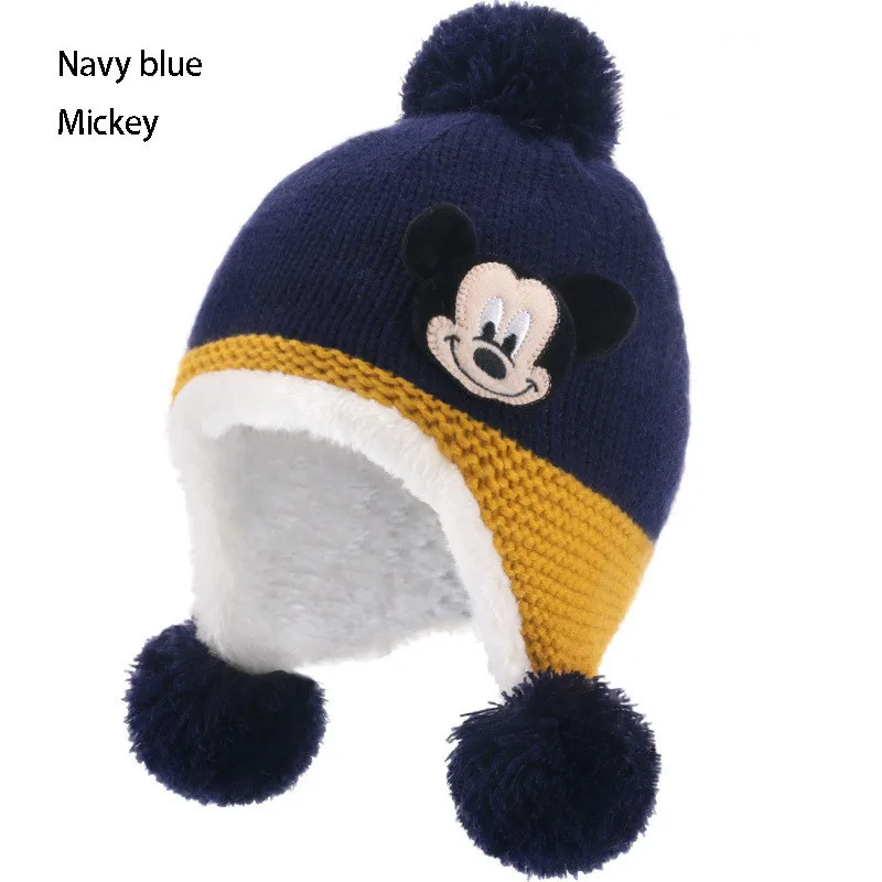 Детские шапки с Микки Дисней, осенние и зимние шерстяные шапки с добавлением шерсти, теплые детские пуловеры, детские вязаные шапки - Цвет: Navy Mickey