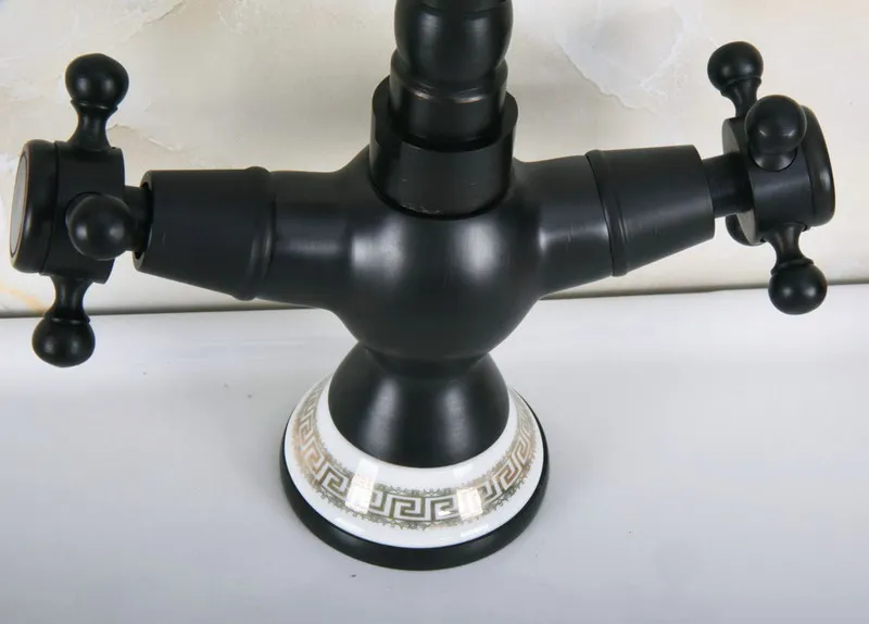 Oil Rubbed Bronze Dual Cross Handles Ceramic Base Bathroom Kitchen Basin Sink Faucet Mixer Tap Swivel Spout Deck Mounted mnf648