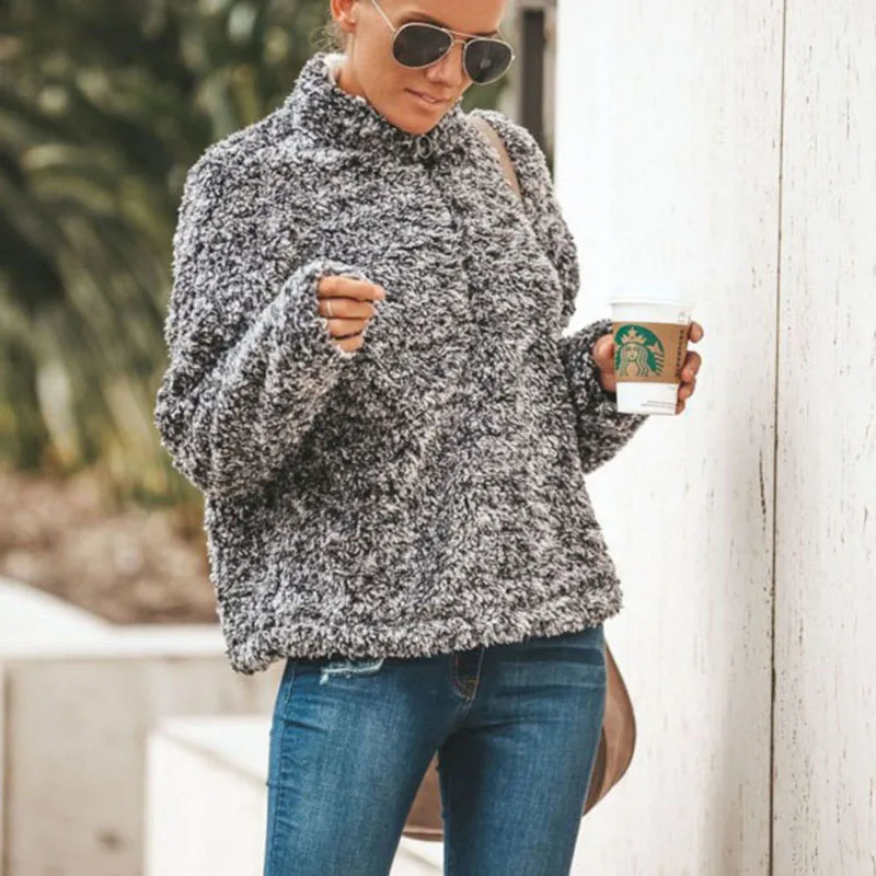 Winter Sherpa Fleece Sweater Turtleneck Fluffy Thick Fleece Zip Pullover High Quality Winter Warm Streetwear Women Coat Winter Sherpa Fleece Sweater Turtleneck Fluffy Thick Fleece Zip Pullover High Quality Winter Warm Streetwear Women Coat