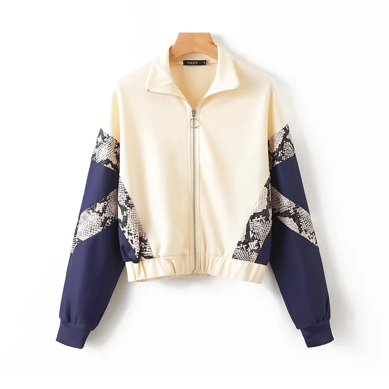 

New Women Space Cotton Pilot Jacket 2019 Spring-Autumn Chic Womens Bomber Jackets Ladies Snake Patchwork Coats Animal Print Tops