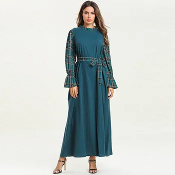 

Middle Eastern Muslim Arab Dubai Women's Robe Fashion Green Striped Belt Splicing Loose Stand Collar Long Sleeve Dress