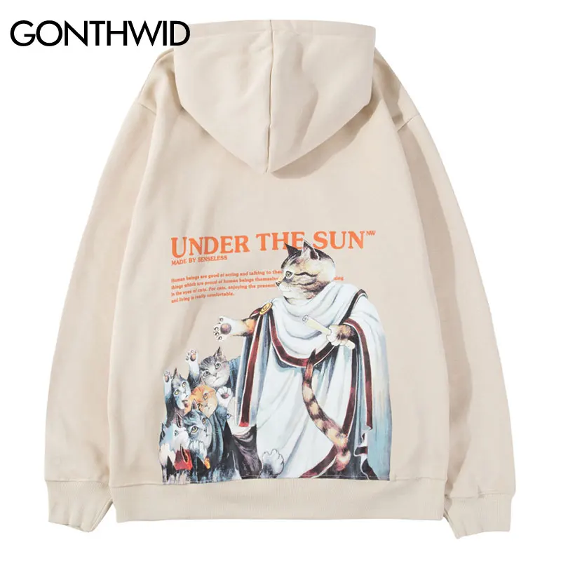 

GONTHWID Funny Julius Caesar Painting Cat Print Fleece Hoodies 2019 Hip Hop Casual Pullover Hooded Sweatshirts Streetwear Tops