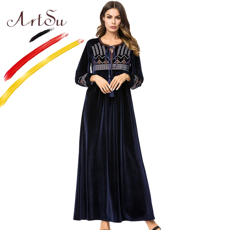 

ArtSu Plus Size Retro Ethnic Winter Maxi Dress Women Long Sleeve Soft Geometric Embroidery Velvet Dress 2018 Female Casual Robe