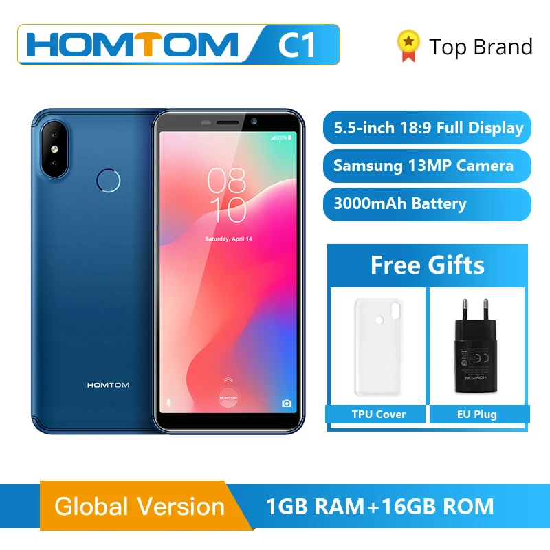  Global Version HOMTOM C1 16GB 5.5Inch Mobile Phone 13MP Camera Fingerprint 18:9 Display Android 8.1