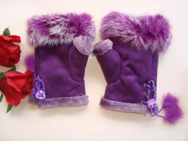 Супер модные женские перчатки с искусственным кроличьим мехом, теплые перчатки без пальцев, зимние перчатки WAA02 - Цвет: Purple