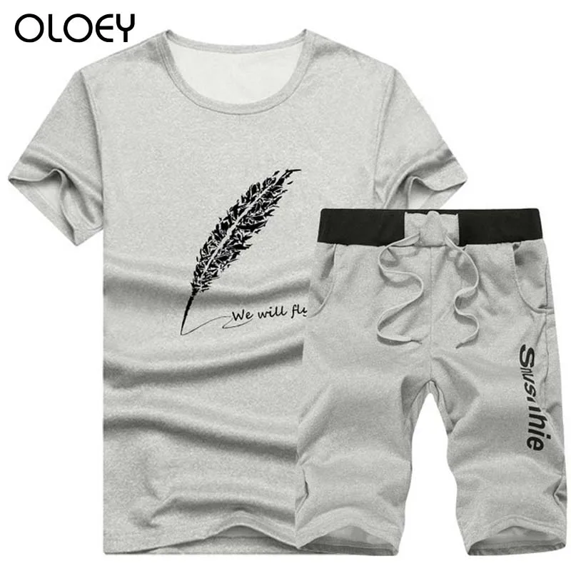 

OLOEY mens sport suits short sleeve two piece men set jogging sporing sets fitness joggers running male set T shirt & shorts
