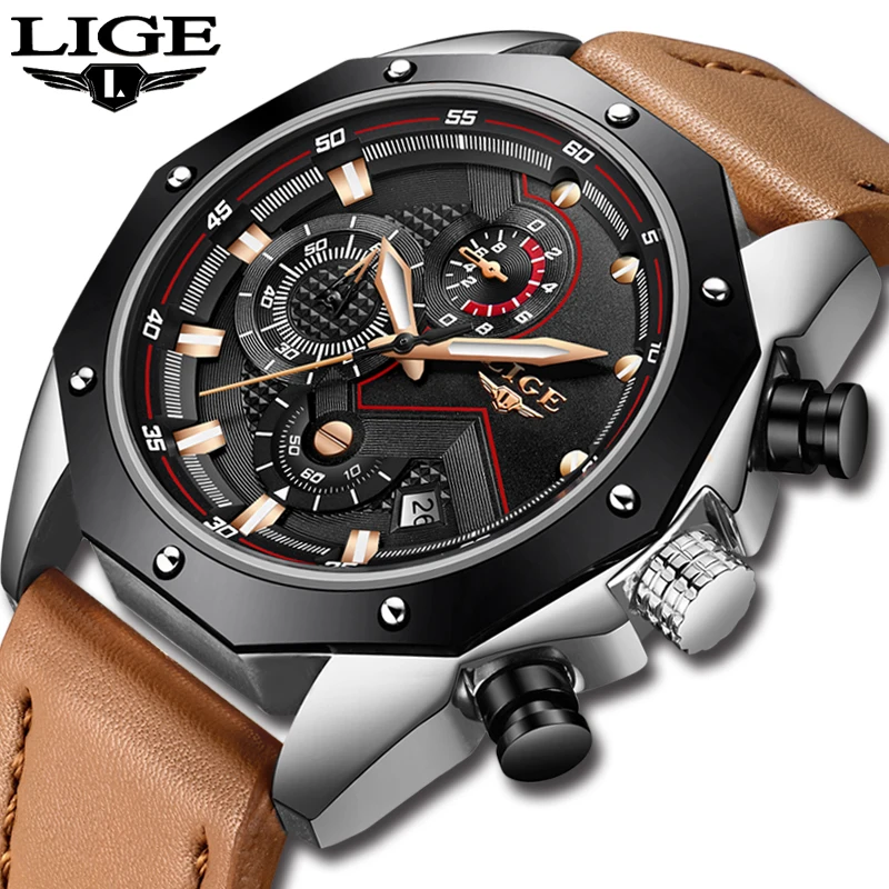 

LIGE 2018New Top Luxury Brand Men Watch casual fashion clock Sport Chronograph Waterproof Leather Quartz Watch Relogio Masculino