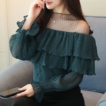 

2018 spring sexy nets hollow out lace chiffon mesh ruffles blouse top girl korean fashion vogue tops lady clothes outfit ruffle