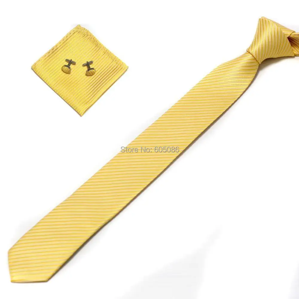 

HOOYI 2019 Solid yellow men's slim necktie set Hanky Handkerchiefs cuff links
