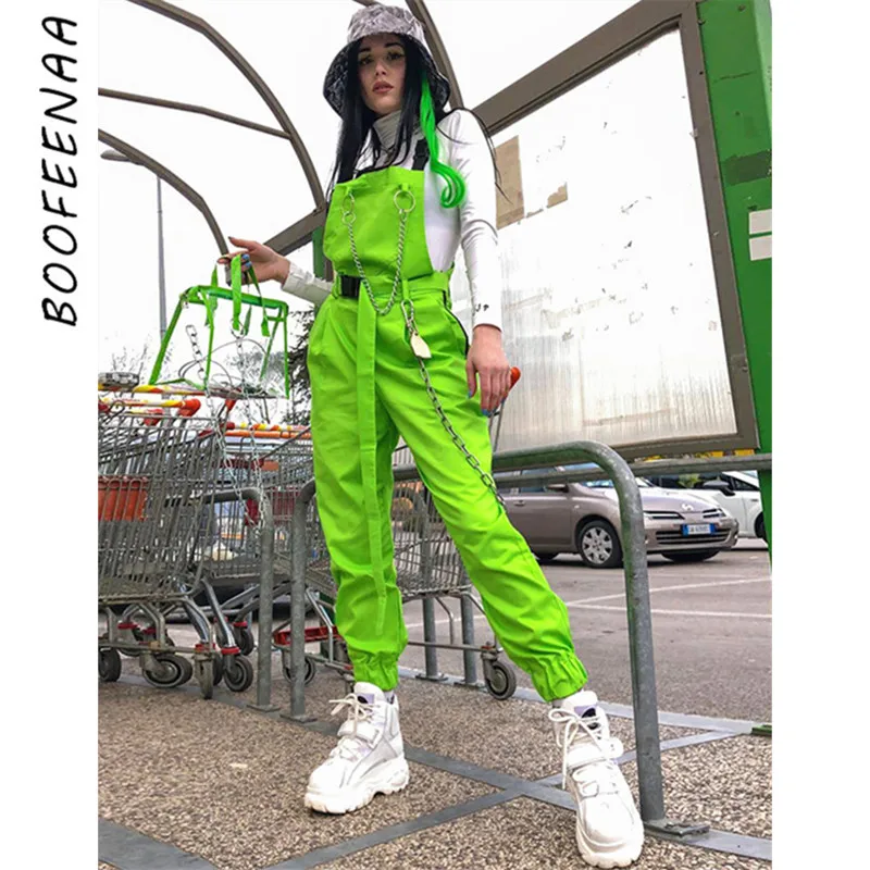 BOOFEENAA, неоновый зеленый комбинезон с цепной пряжкой для женщин, одежда, повседневные Комбинезоны, уличная мода, Летний комбинезон, C94-AI86