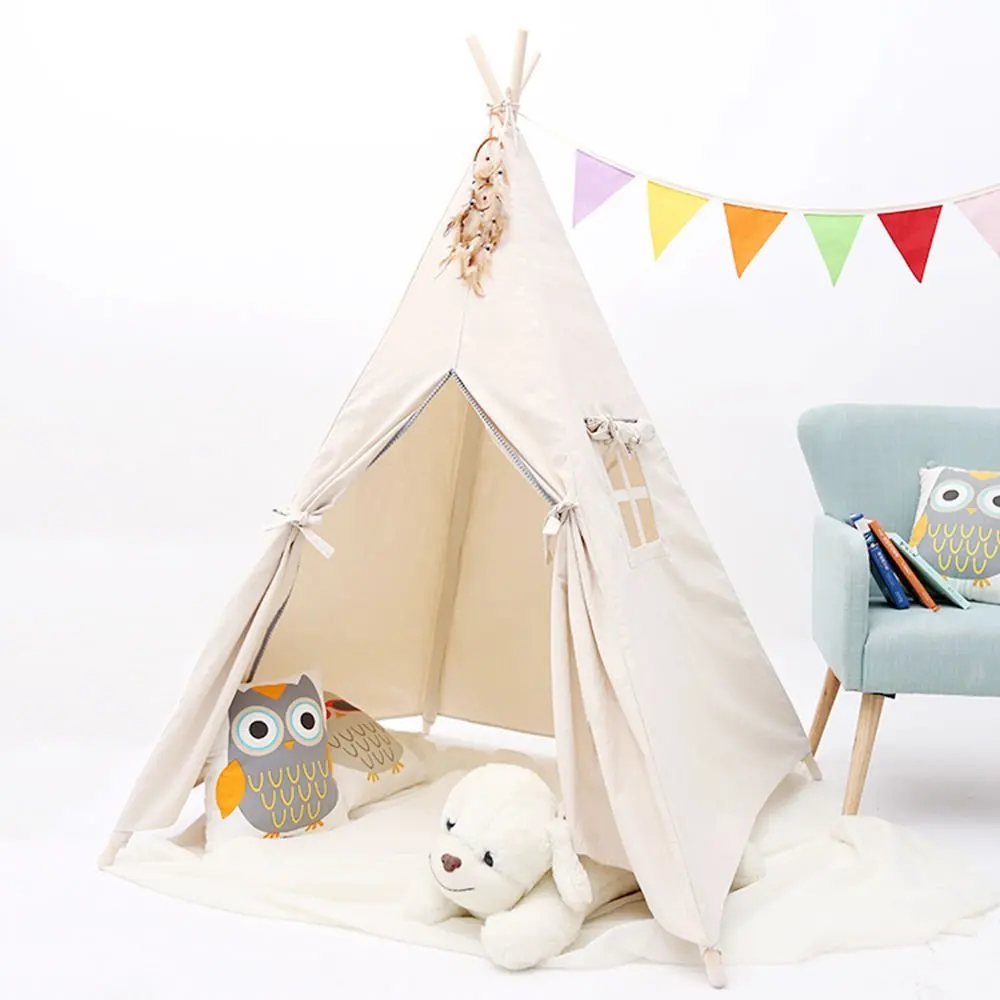

Square Natural Canvas PomPom Kids Teepee Tipi Tent Wigwam Play Tent for Kids