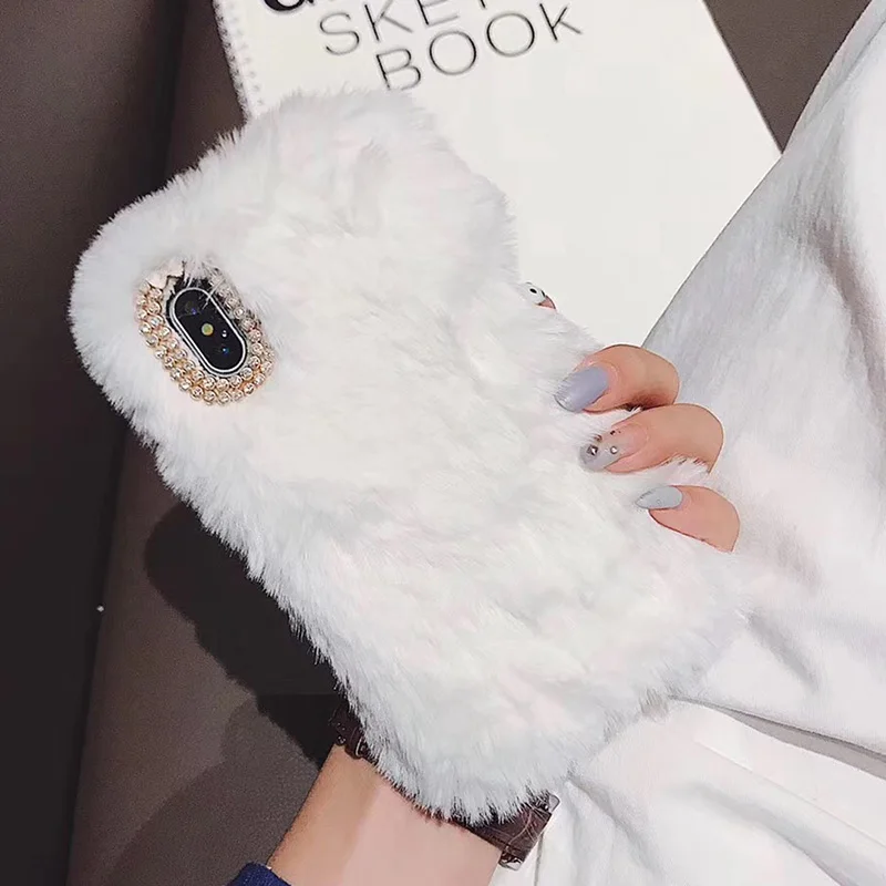 Luxury Rabbit Fur Case for iPhone XS Max Xr X 8 7 6 6S Plus SE 5S Cover Fashion Bling Diamond Winter Soft Furry Plush Phone Case puffer case