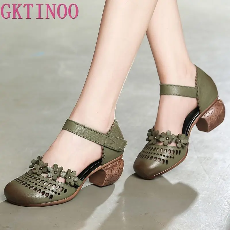 

GKTINOO Genuine Leather Women Sandals Summer Shoes 5CM High Heels Retro Handmade Women Shoes 2019 Hollow Out Sandal