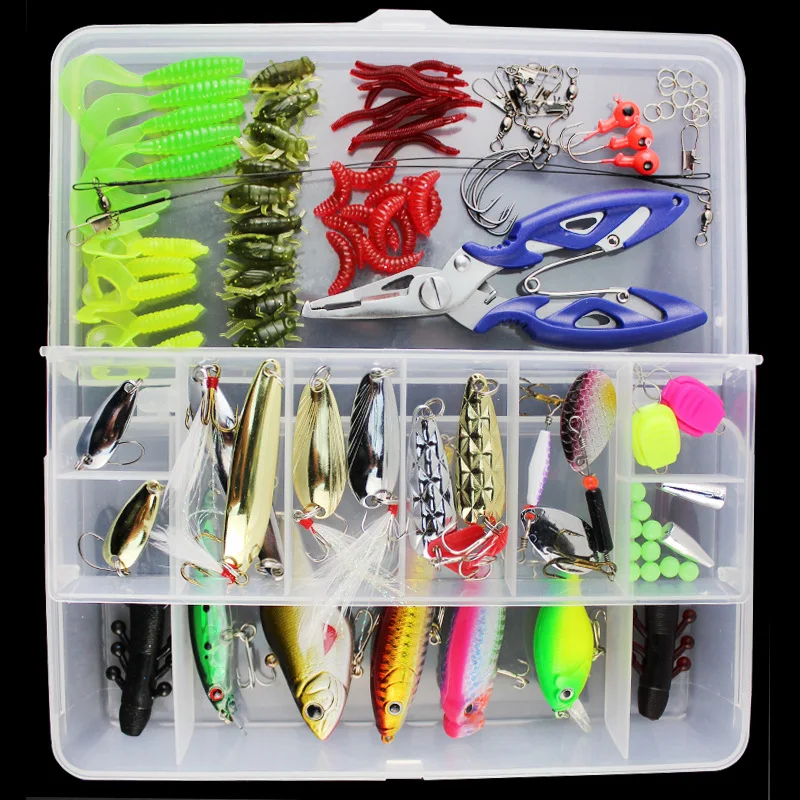 

Almighty Fishing Lure Kit Complete Set With Hard Lures Soft Bait Accessories Case Minnow Crank Pencil Popper Pliers 101 Pieces