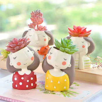 

Lovely Girl Cartoon Resin Plant Flower Pot Succulent Container Planter Bonsai Pot Flowerpot Desktop Craft Home Decoration