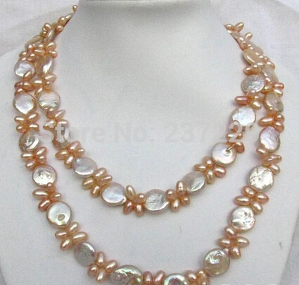 

HOT## Wholesale price > ^40"14mm coin 9mm rice pink freshwater pearl necklace