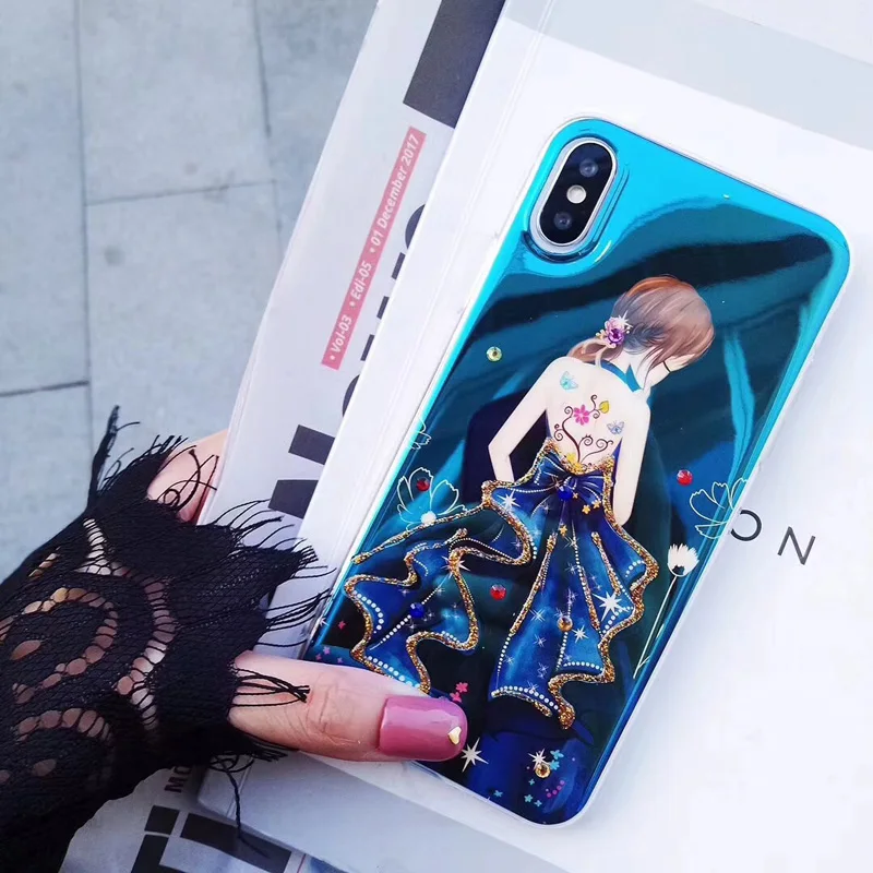 Красивая юбка для девочек чехол телефона Foir iphoneX 8 plus ювелирная синий луч мягкий