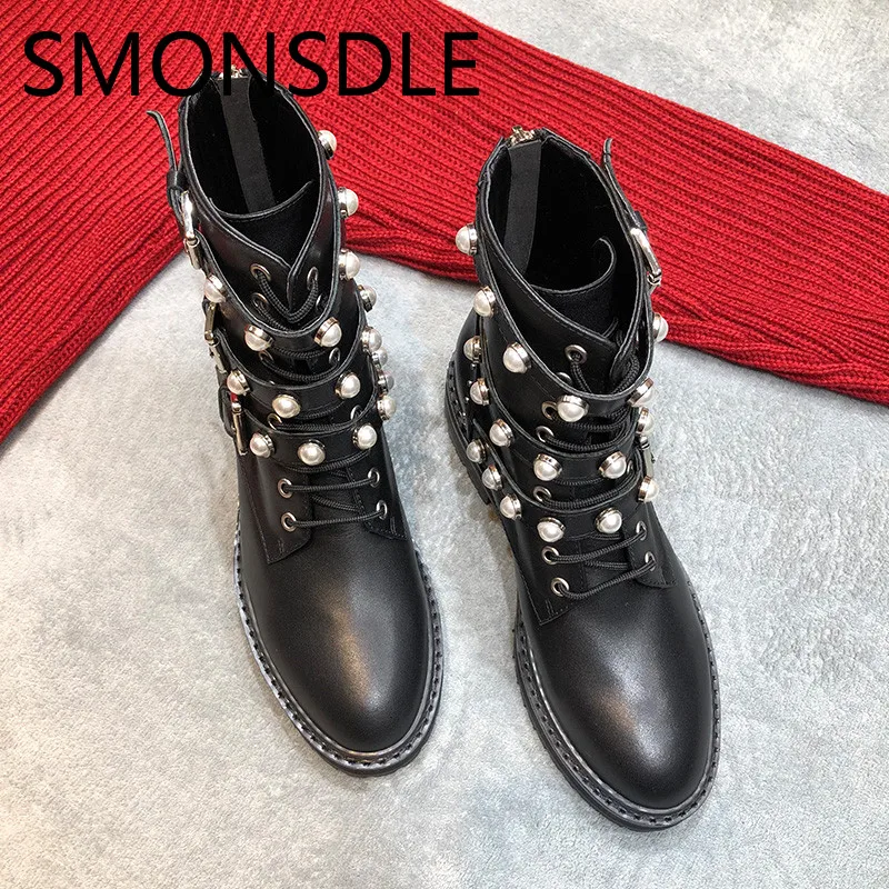 

SMONSDLE New Black Genuine Leather Women Ankle Boots Round Toe Buckle Strap Pearls Women Autumn Winter Martin Boots Shoes Woman