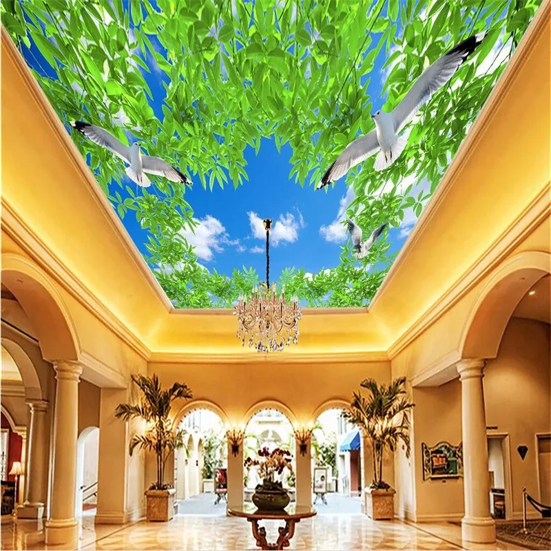Custom-Ceiling-Wallpaper-Blue-sky-and-white-clouds-green-pigeons-Murals-Living-Room-Ceiling-Background-Wall (1)