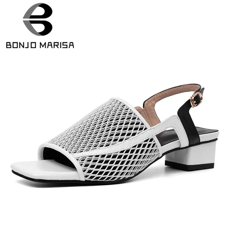 

BONJOMARISA 2019 Genuine Leather Summer Party Elegant Women Shoes Air Mesh Woman Chunky Heel Sandals Shoes Woman