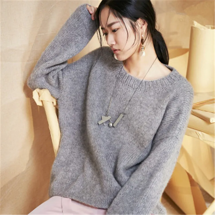  100%hand made wool Oneck thick knit women fashion solid loose H-straight pullover sweater one&over 