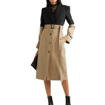 

Spring Trench Coat Long Coat Women 2019 New Spliced Faux 2 Pieces Office Lady Dress Coat Runway Straight Single Breasted Blazer