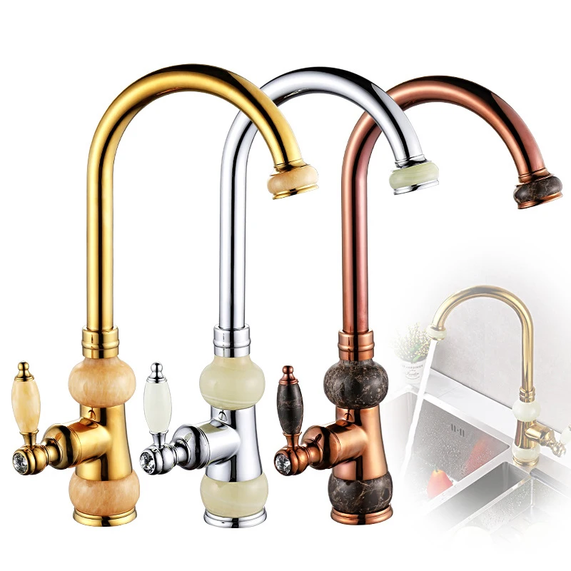 

European jade and gold kitchen faucet hot and cold vegetables basin rotating taps all copper antique basin faucet water tap