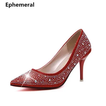 

Women Rhinestones Luxury Wedding Nigh Club Shoes High Heels 8cm Red Gold Silver Pumps Zapatos Mujer Stiletto Plus Size 40 35 36