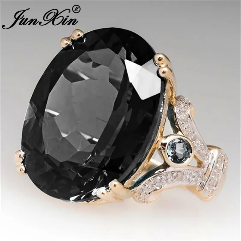 Anillo grande de lujo con piedra negra para mujer, sortija de boda de