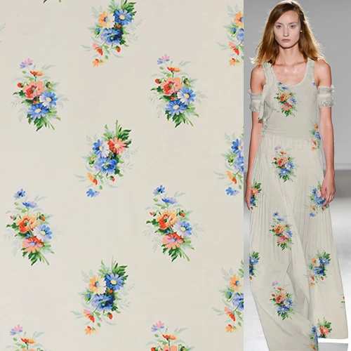 

Blue floral on light beige bottom 100% silk crepe de chine silk fabric,SCDC1015