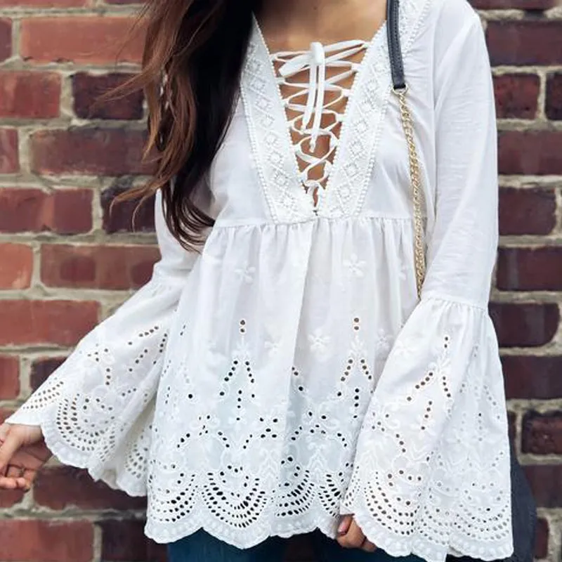 

Celmia Women Sexy V-neck Lace Up Slim Tunic Blouse Shirt White Female Spring Autumn Long Flare Sleeve Camisas Tops Plus Size 3XL