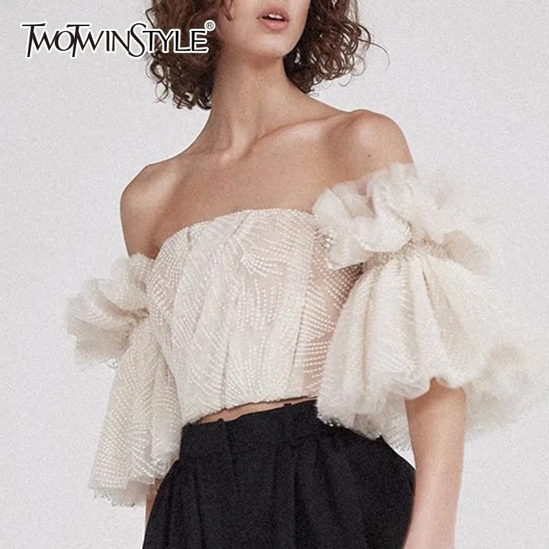 TWOTWINSTYLE Strapless Shirt For Women Off Shoulder Embroidery Ruffles Flare Sleeve Sexy Short Tops