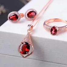 Натуральный Красный Гранат Кольцо Кулон Серьги Украшения из природного драгоценного камня набор 925 серебро модные круглые женские свадебные ожерелья Подарочное кольцо
