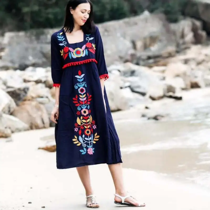 

Summer Dress 2019 Fashion Embroidered Holiday Square Collar Solid Color Women Dress Plus Size High Waist Contrast Color Vestidos