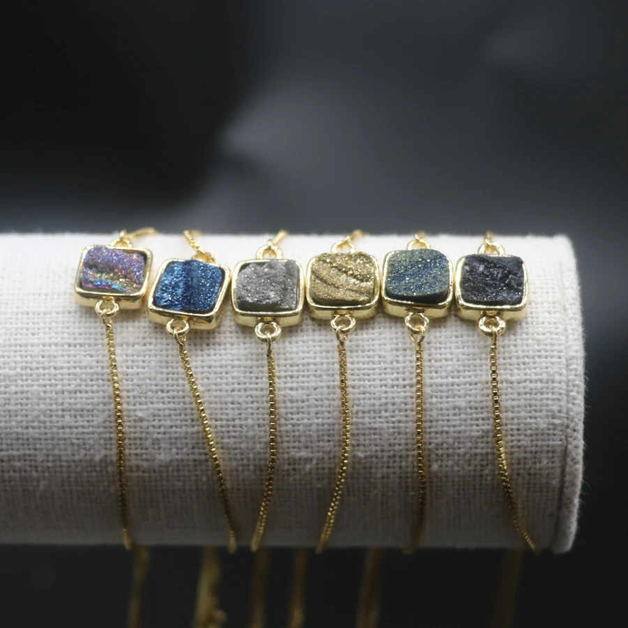 

10pcs/lot 10MM druzy women chain link bracelets, Gold plate copper DIY natural Gem stone jewelery, original design, fashion gift
