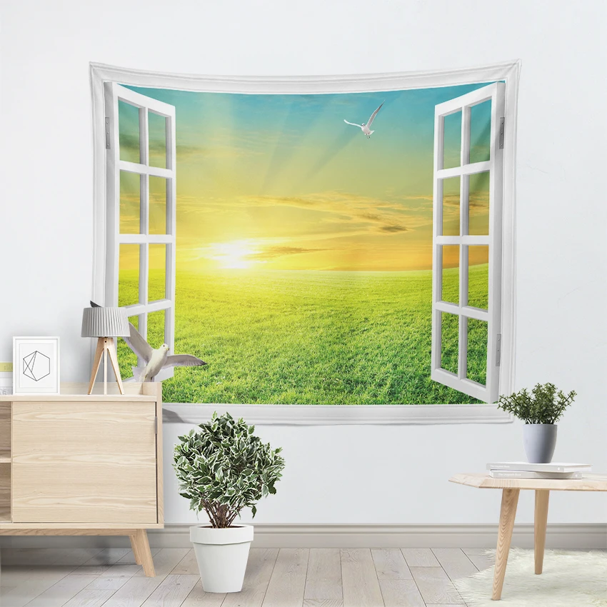 Богемный гобелен Бохо настенный зеленый арт ковер Солнечный Луг деревья за окном домашний декор хиппи настенное одеяло