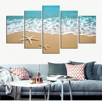 

Canvas Prints Wall Art Decor, Modern Beach Landscape Canvas Painting Waves Starfish Poster Prints On Canvas For Living Room Wall
