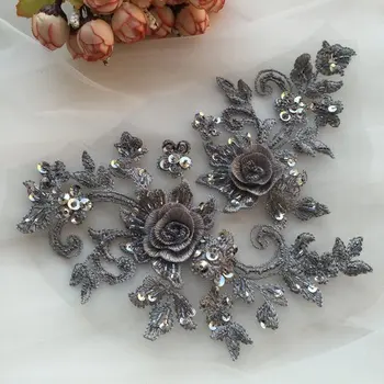

Gray 3d florals motif bodice 10 pieces,Hand-sewn heavy bead bridal lace applique with sequin,2019 Sticker Wedding Accessories