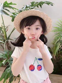 

summer clothes 2020 baby girls tops short sleeve cotton Cute sequin cherry pattern t shirt kids White t-shirt