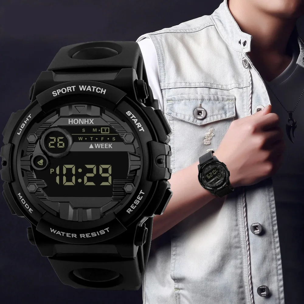 

HONHX Luxury Men Digital LED Watch Date Sport Outdoor Electronic luminous display mirror alarm clock Watch waterproof black