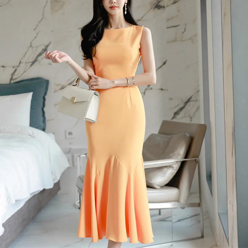 

2019 Summer Party Dress Women Elegant Ruffle Sleeveless Slim Bodycon Long Formal Dress