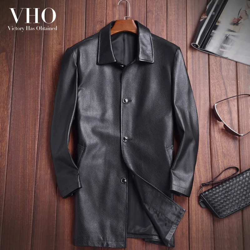 

VHO plus size smart casual real leather jacket for men x-long turn-down collar cow leather genuine leather dust coat overcoat