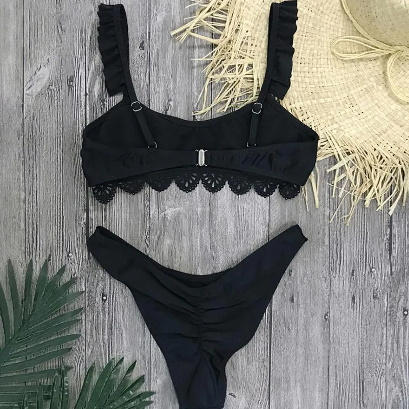 Ladies Lace Simple Simple Color Halter Swimsuit High Waist Thong Strapless Female Bandage Swimsuit Beach Swimming Sexy Bikini