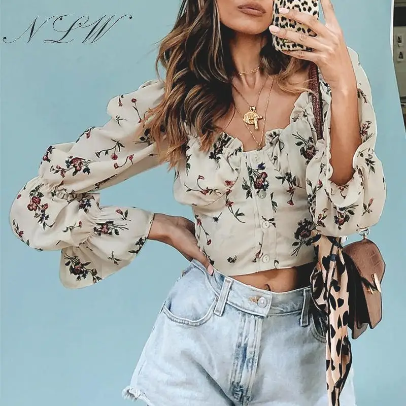 

NLW Floral Vintage Square Collar Women Blouse Sexy Long Sleeve Autumn Shirt Female Blouses Beach Short Mujer Blusa