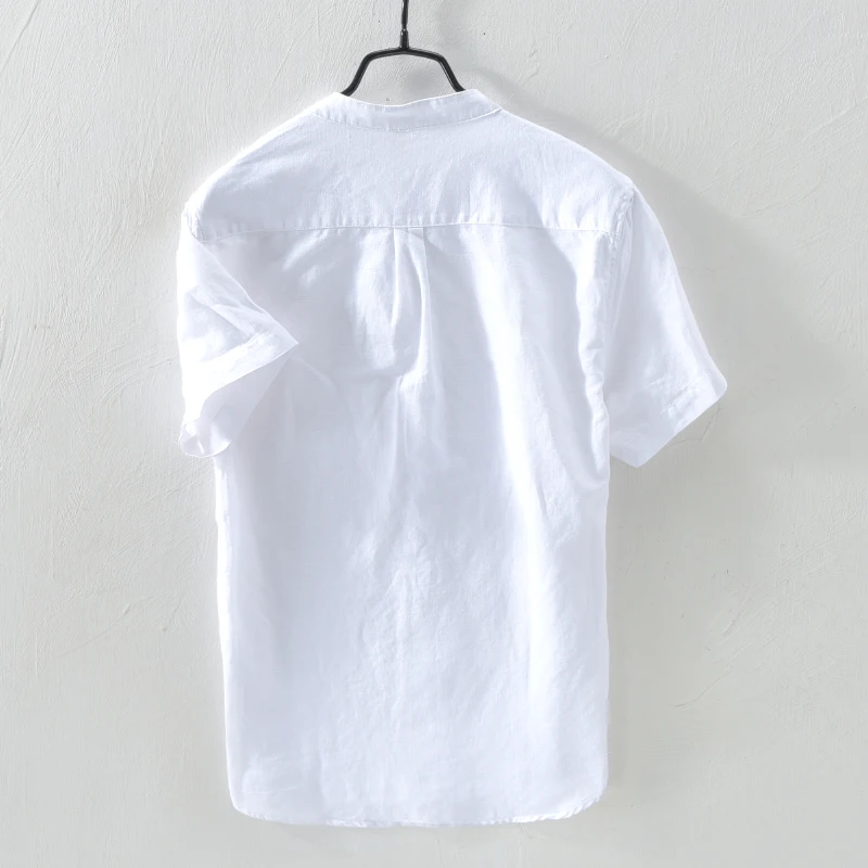 Хлопок и лен стоячий воротник рубашка мужская короткий рукав белая рубашка мужская брендовая модная Однотонная рубашка мужская сорочка Camisa