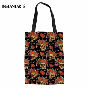 

INSTANTARTS Punk Vintage Skull Floral Printing Women Linen Tote Bags Casual Female Shopping Handbags Fashion Brand Shoulder Bags